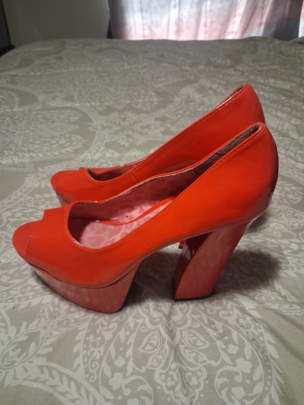 Bold Orange Patent Leather  Women's Peep-Toe Platform Heels Size 10